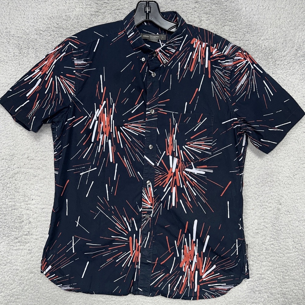 French Connection Shirt Men's Sz L Black Short Sleeve Fireworks AOP‎ Button Down